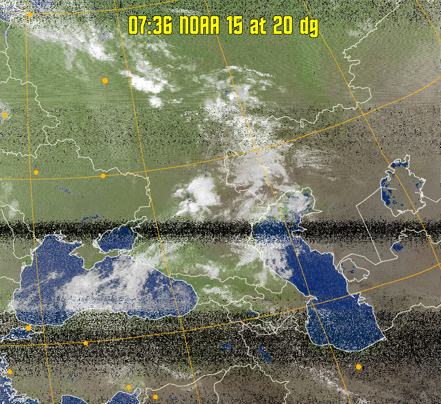 MCIR-precip: 
Colours the NOAA sensor 4 IR image using a map to colour the sea blue and land
green. High clouds appear white, lower clouds gray or land/sea coloured, clouds
generally appear lighter, but distinguishing between land/sea and low cloud may
be difficult. Darker colours indicate warmer regions.