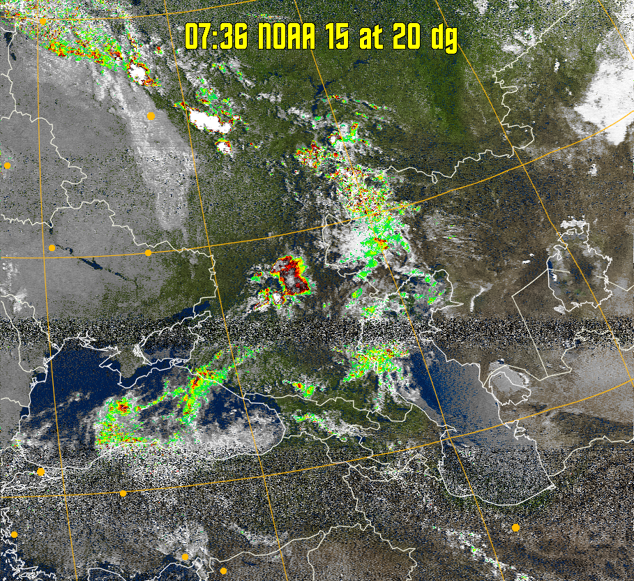 MSA-precip:
Same as MSA multispectral analysis, but high cold cloud tops are coloured the
same as the NO enhancement to give an approximate indication of the probability
and intensity of precipitation.