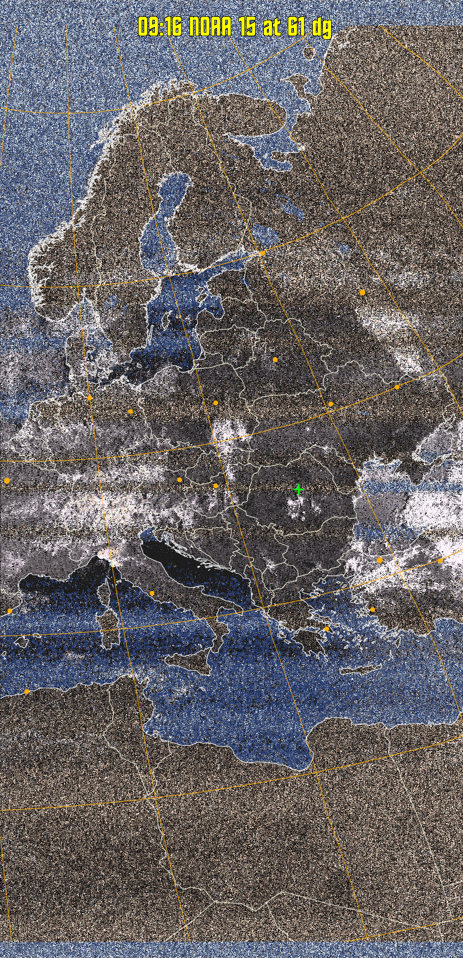 HVCT:
Similar to HVC, but with blue water and with colours more indicative of
land temperatures.
HVC:
Creates a false colour image from NOAA APT images based on temperature using
the HVC colour model. Uses the temperature derived from the sensor 4 image to
select the hue and the brightness from the histogram equalised other image to
select the value and chroma. The HVC colour model attempts to ensure that different colours at the same value will appear to the eye to be the same brightness
and the spacing between colours representing each degree will appear to the eye to
be similar. Bright areas are completely unsaturated in this model.