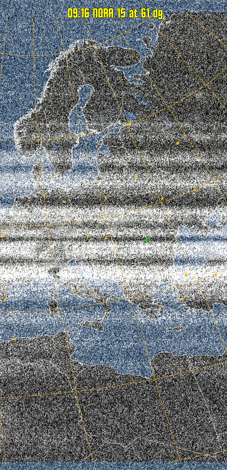 MCIR-precip: 
Colours the NOAA sensor 4 IR image using a map to colour the sea blue and land
green. High clouds appear white, lower clouds gray or land/sea coloured, clouds
generally appear lighter, but distinguishing between land/sea and low cloud may
be difficult. Darker colours indicate warmer regions.