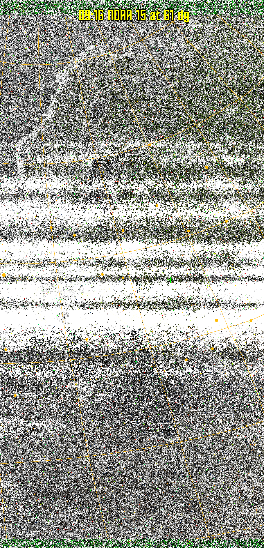 MSA-precip:
Same as MSA multispectral analysis, but high cold cloud tops are coloured the
same as the NO enhancement to give an approximate indication of the probability
and intensity of precipitation.
