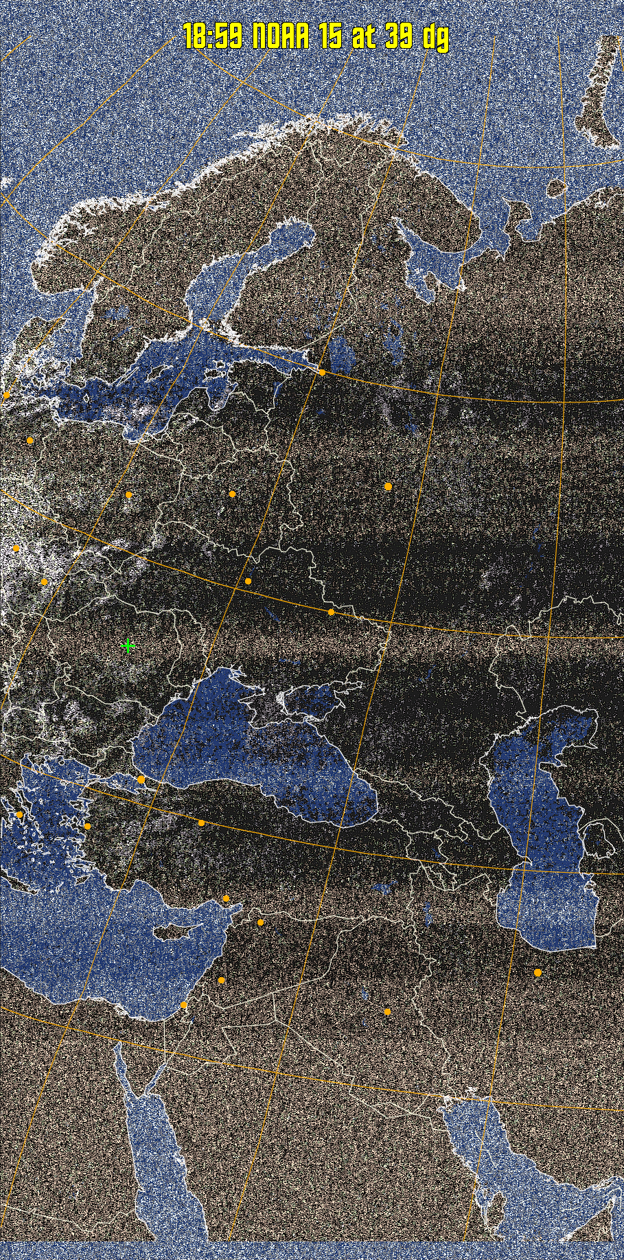 HVCT:
Similar to HVC, but with blue water and with colours more indicative of
land temperatures.
HVC:
Creates a false colour image from NOAA APT images based on temperature using
the HVC colour model. Uses the temperature derived from the sensor 4 image to
select the hue and the brightness from the histogram equalised other image to
select the value and chroma. The HVC colour model attempts to ensure that different colours at the same value will appear to the eye to be the same brightness
and the spacing between colours representing each degree will appear to the eye to
be similar. Bright areas are completely unsaturated in this model.