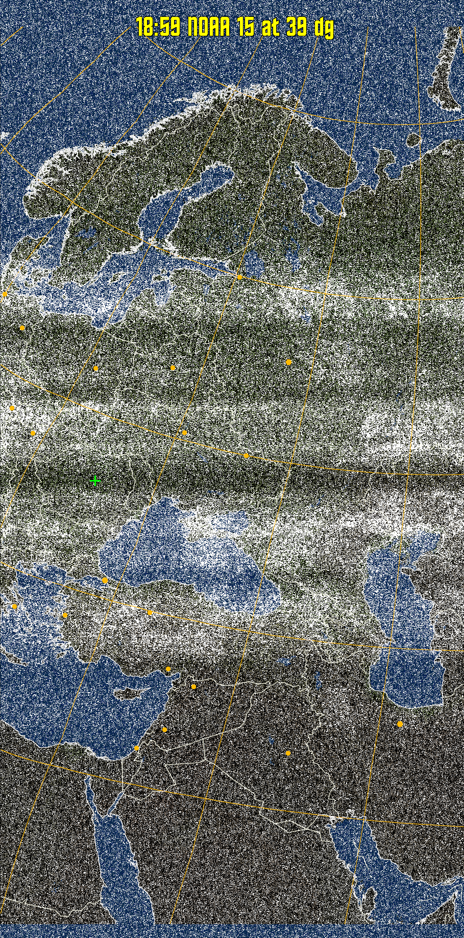 MCIR-precip: 
Colours the NOAA sensor 4 IR image using a map to colour the sea blue and land
green. High clouds appear white, lower clouds gray or land/sea coloured, clouds
generally appear lighter, but distinguishing between land/sea and low cloud may
be difficult. Darker colours indicate warmer regions.