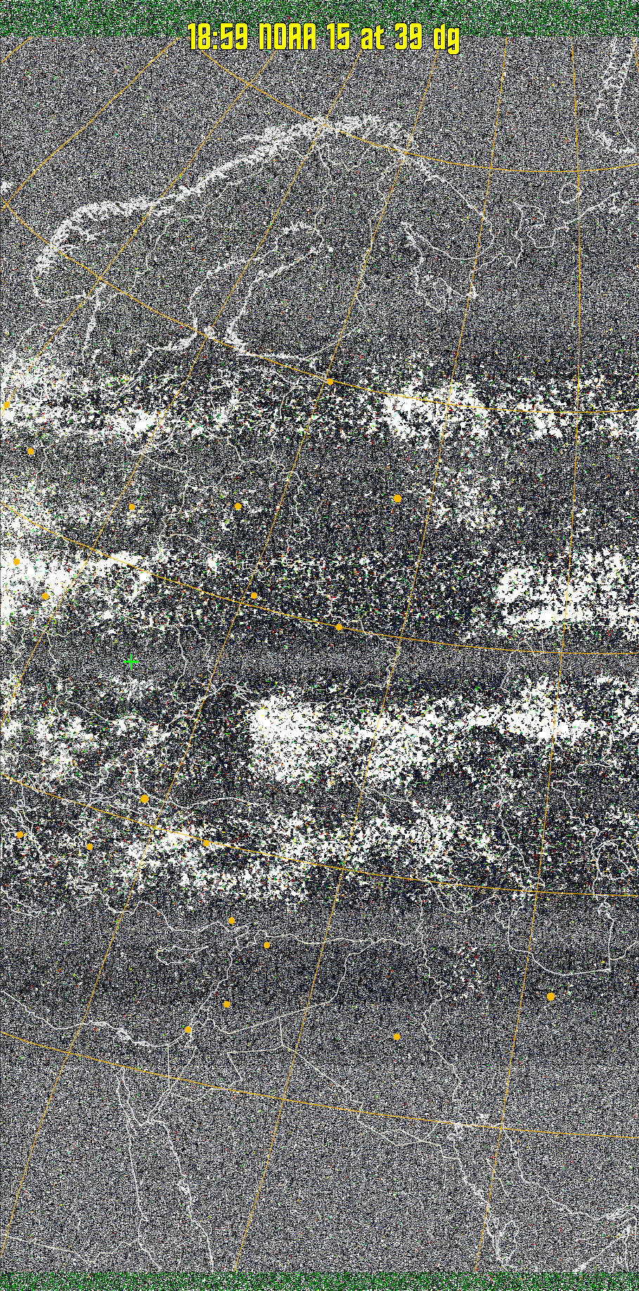 MSA-precip:
Same as MSA multispectral analysis, but high cold cloud tops are coloured the
same as the NO enhancement to give an approximate indication of the probability
and intensity of precipitation.