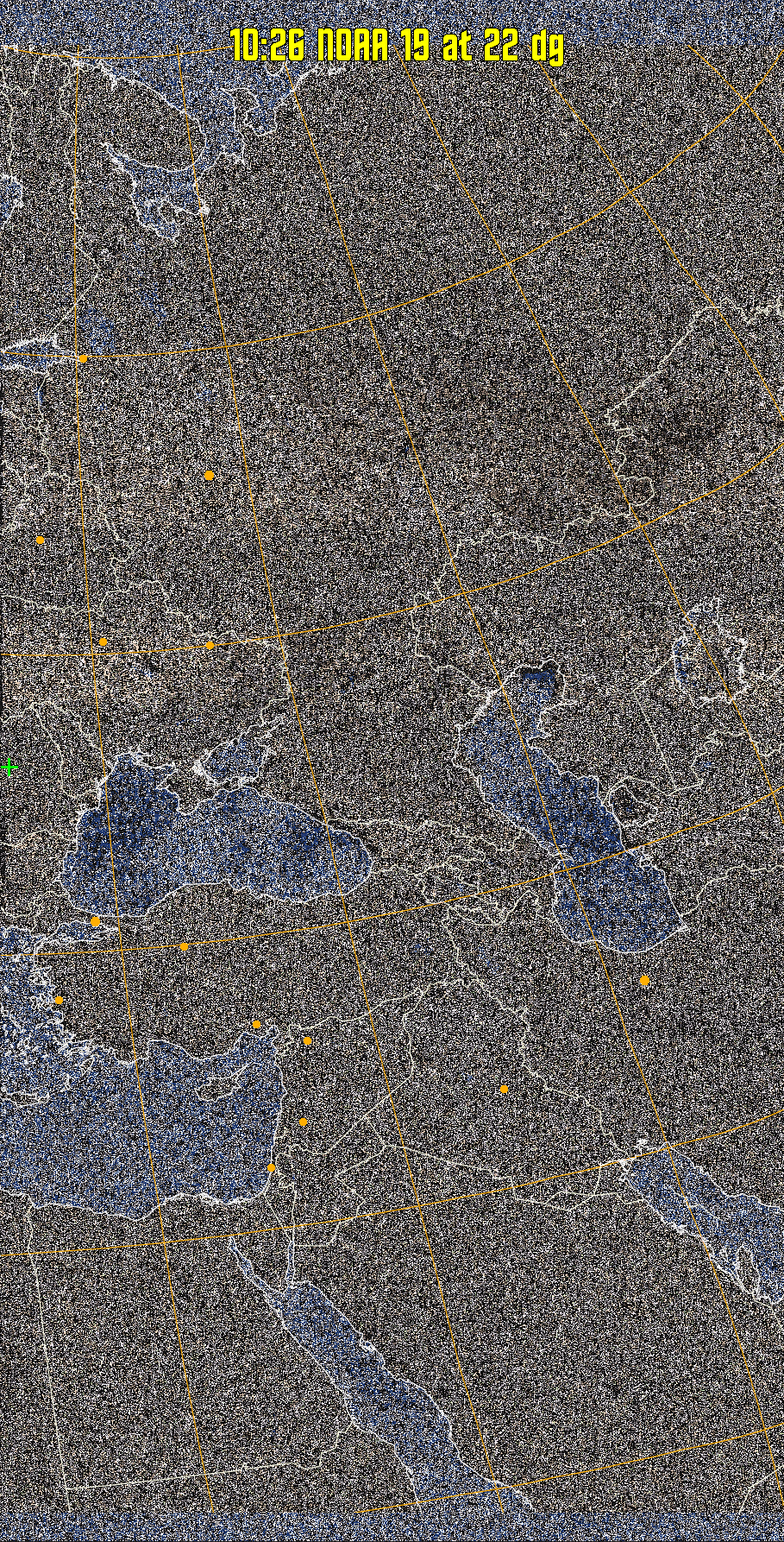 HVCT:
Similar to HVC, but with blue water and with colours more indicative of
land temperatures.
HVC:
Creates a false colour image from NOAA APT images based on temperature using
the HVC colour model. Uses the temperature derived from the sensor 4 image to
select the hue and the brightness from the histogram equalised other image to
select the value and chroma. The HVC colour model attempts to ensure that different colours at the same value will appear to the eye to be the same brightness
and the spacing between colours representing each degree will appear to the eye to
be similar. Bright areas are completely unsaturated in this model.