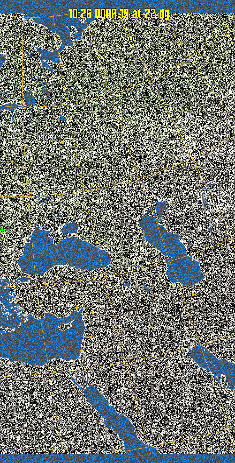 MCIR-precip: 
Colours the NOAA sensor 4 IR image using a map to colour the sea blue and land
green. High clouds appear white, lower clouds gray or land/sea coloured, clouds
generally appear lighter, but distinguishing between land/sea and low cloud may
be difficult. Darker colours indicate warmer regions.