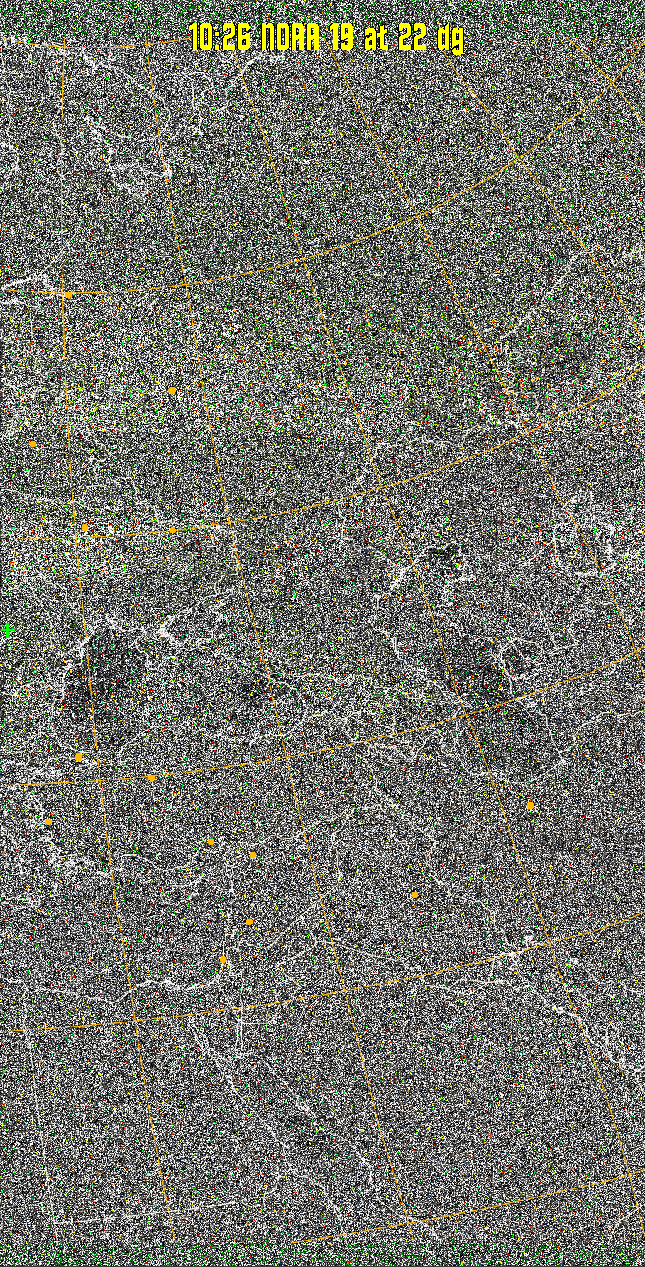 MSA-precip:
Same as MSA multispectral analysis, but high cold cloud tops are coloured the
same as the NO enhancement to give an approximate indication of the probability
and intensity of precipitation.
