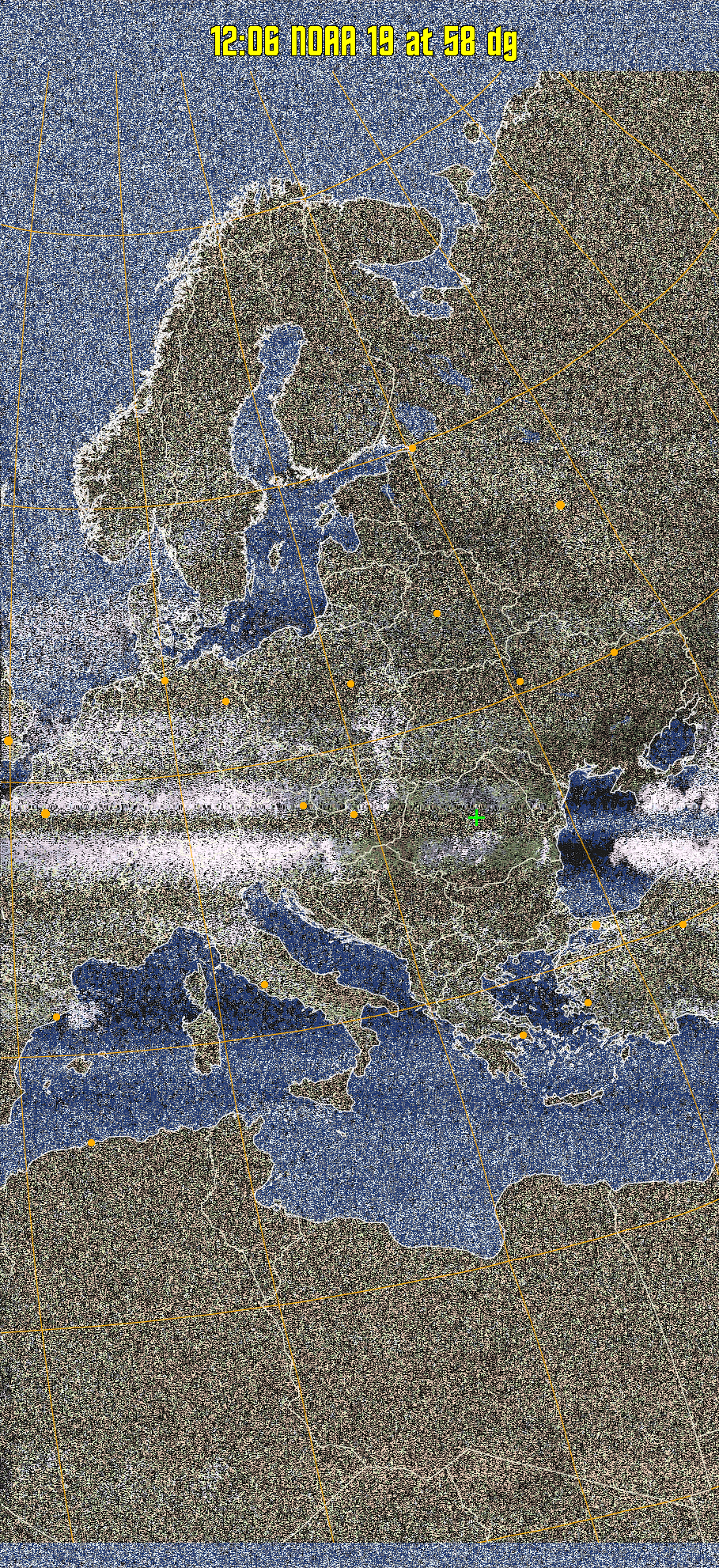 HVCT:
Similar to HVC, but with blue water and with colours more indicative of
land temperatures.
HVC:
Creates a false colour image from NOAA APT images based on temperature using
the HVC colour model. Uses the temperature derived from the sensor 4 image to
select the hue and the brightness from the histogram equalised other image to
select the value and chroma. The HVC colour model attempts to ensure that different colours at the same value will appear to the eye to be the same brightness
and the spacing between colours representing each degree will appear to the eye to
be similar. Bright areas are completely unsaturated in this model.
