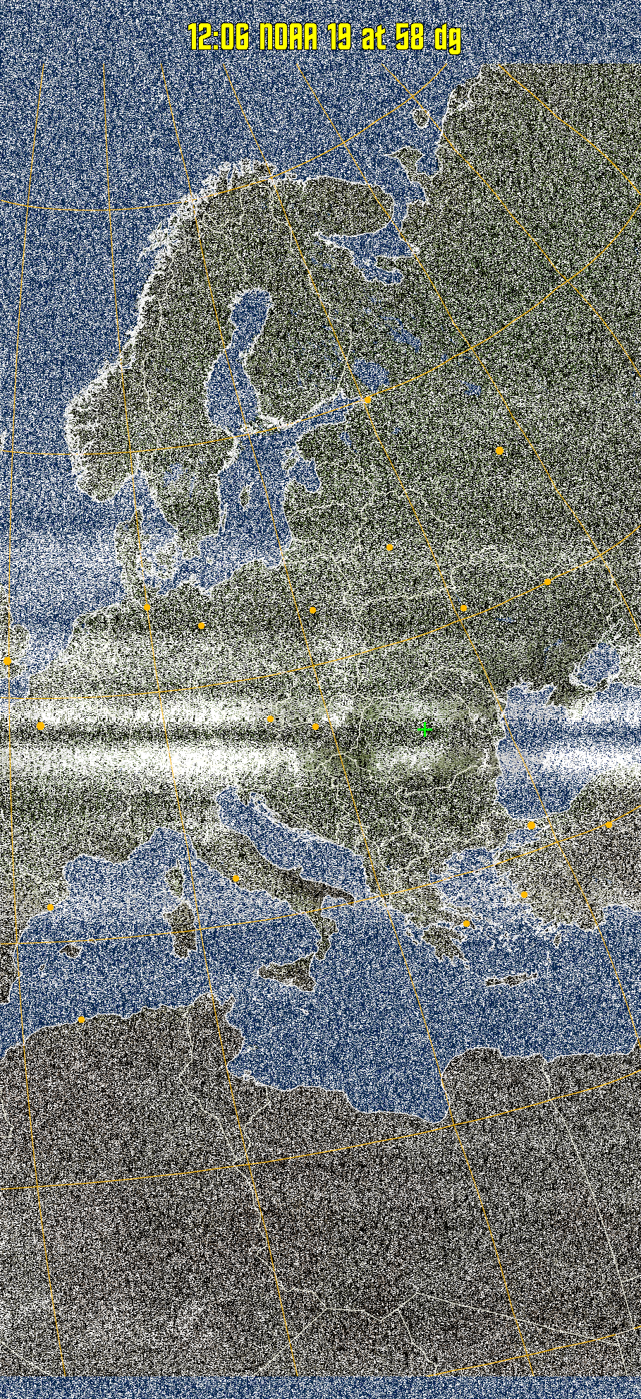 MCIR-precip: 
Colours the NOAA sensor 4 IR image using a map to colour the sea blue and land
green. High clouds appear white, lower clouds gray or land/sea coloured, clouds
generally appear lighter, but distinguishing between land/sea and low cloud may
be difficult. Darker colours indicate warmer regions.