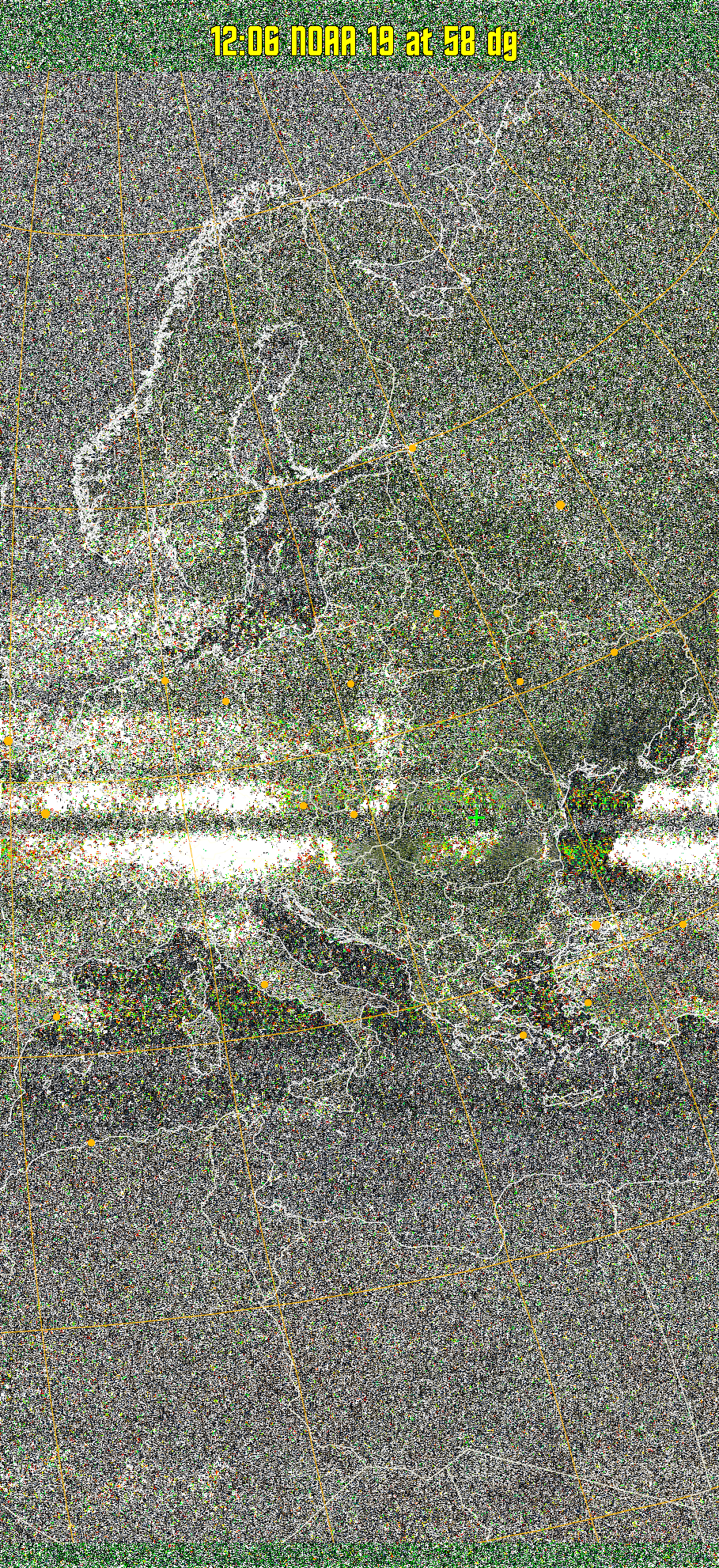 MSA-precip:
Same as MSA multispectral analysis, but high cold cloud tops are coloured the
same as the NO enhancement to give an approximate indication of the probability
and intensity of precipitation.
