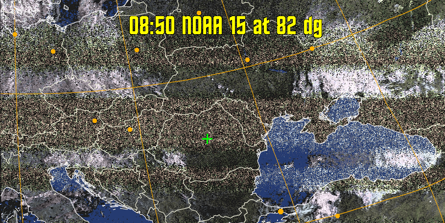 HVCT:
Similar to HVC, but with blue water and with colours more indicative of
land temperatures.
HVC:
Creates a false colour image from NOAA APT images based on temperature using
the HVC colour model. Uses the temperature derived from the sensor 4 image to
select the hue and the brightness from the histogram equalised other image to
select the value and chroma. The HVC colour model attempts to ensure that different colours at the same value will appear to the eye to be the same brightness
and the spacing between colours representing each degree will appear to the eye to
be similar. Bright areas are completely unsaturated in this model.