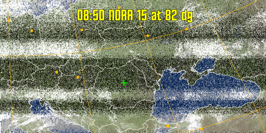 MCIR-precip: 
Colours the NOAA sensor 4 IR image using a map to colour the sea blue and land
green. High clouds appear white, lower clouds gray or land/sea coloured, clouds
generally appear lighter, but distinguishing between land/sea and low cloud may
be difficult. Darker colours indicate warmer regions.