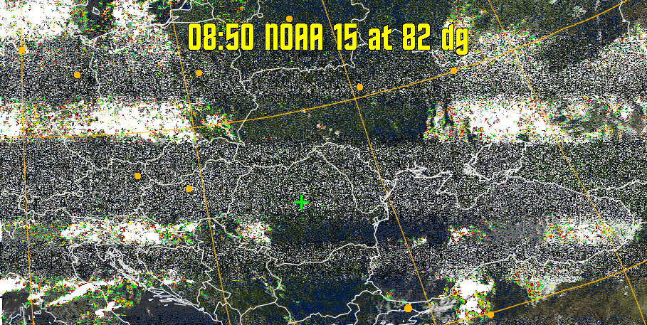 MSA-precip:
Same as MSA multispectral analysis, but high cold cloud tops are coloured the
same as the NO enhancement to give an approximate indication of the probability
and intensity of precipitation.