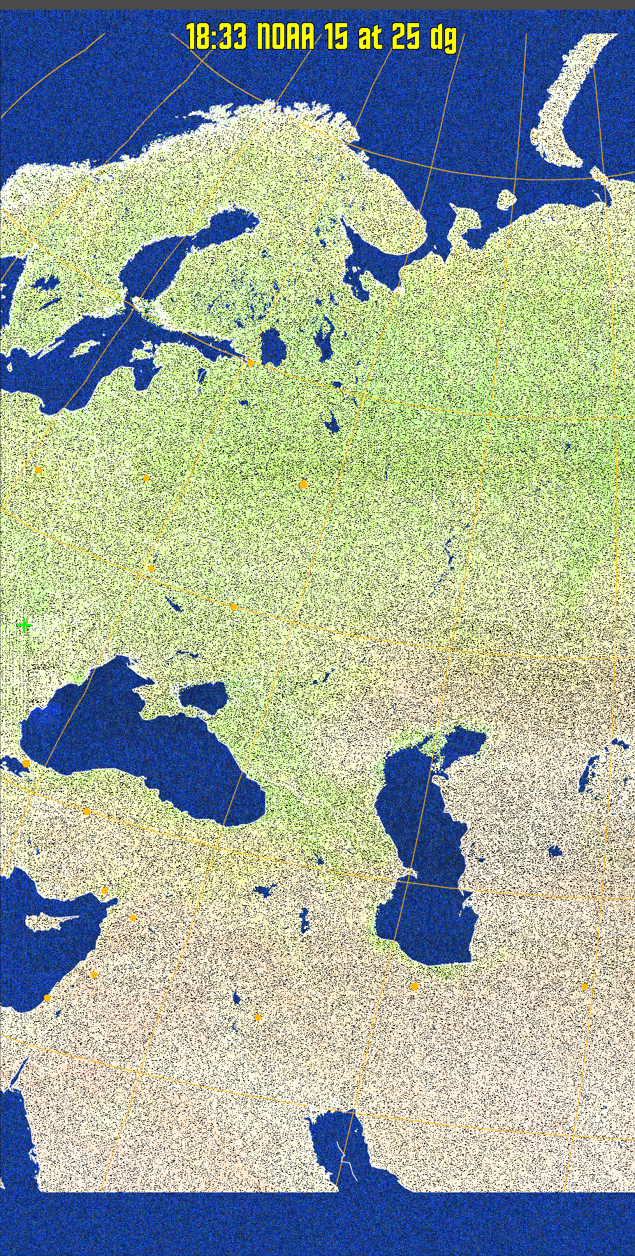 MCIR-precip: 
Colours the NOAA sensor 4 IR image using a map to colour the sea blue and land
green. High clouds appear white, lower clouds gray or land/sea coloured, clouds
generally appear lighter, but distinguishing between land/sea and low cloud may
be difficult. Darker colours indicate warmer regions.