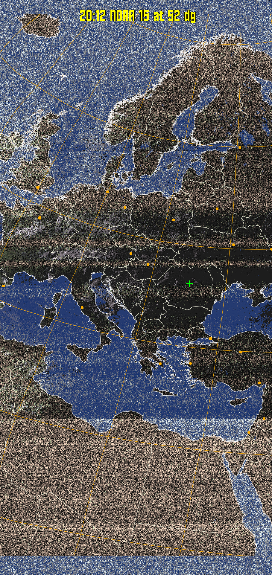 HVCT:
Similar to HVC, but with blue water and with colours more indicative of
land temperatures.
HVC:
Creates a false colour image from NOAA APT images based on temperature using
the HVC colour model. Uses the temperature derived from the sensor 4 image to
select the hue and the brightness from the histogram equalised other image to
select the value and chroma. The HVC colour model attempts to ensure that different colours at the same value will appear to the eye to be the same brightness
and the spacing between colours representing each degree will appear to the eye to
be similar. Bright areas are completely unsaturated in this model.