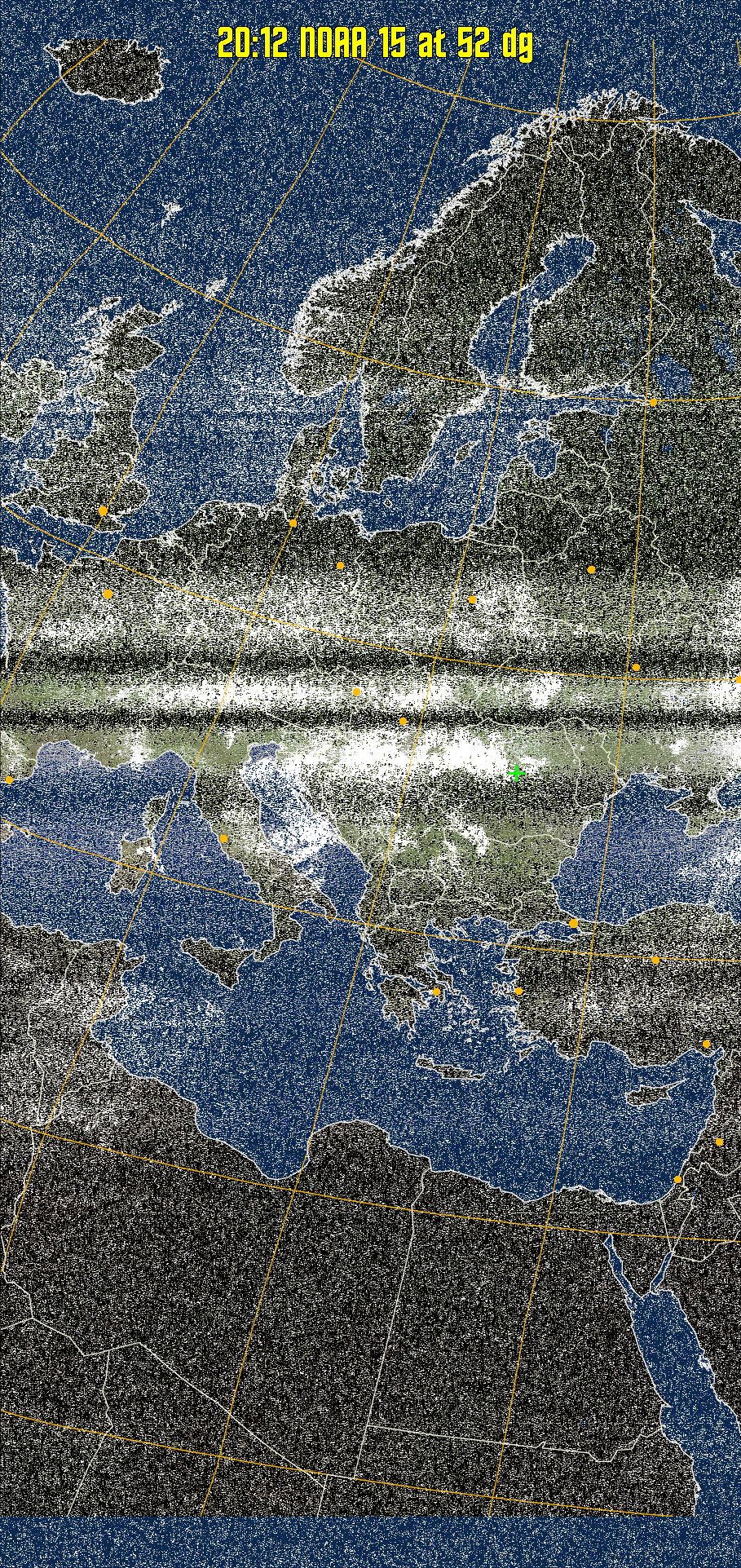 MCIR-precip: 
Colours the NOAA sensor 4 IR image using a map to colour the sea blue and land
green. High clouds appear white, lower clouds gray or land/sea coloured, clouds
generally appear lighter, but distinguishing between land/sea and low cloud may
be difficult. Darker colours indicate warmer regions.