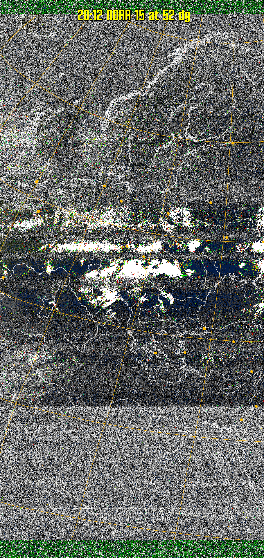 MSA-precip:
Same as MSA multispectral analysis, but high cold cloud tops are coloured the
same as the NO enhancement to give an approximate indication of the probability
and intensity of precipitation.