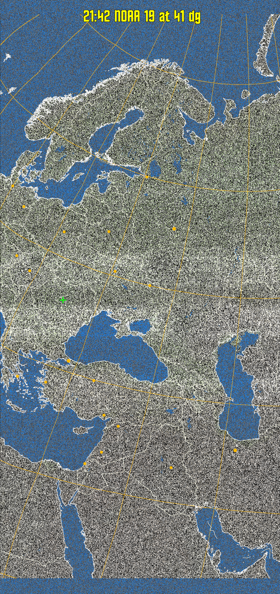 MCIR-precip: 
Colours the NOAA sensor 4 IR image using a map to colour the sea blue and land
green. High clouds appear white, lower clouds gray or land/sea coloured, clouds
generally appear lighter, but distinguishing between land/sea and low cloud may
be difficult. Darker colours indicate warmer regions.